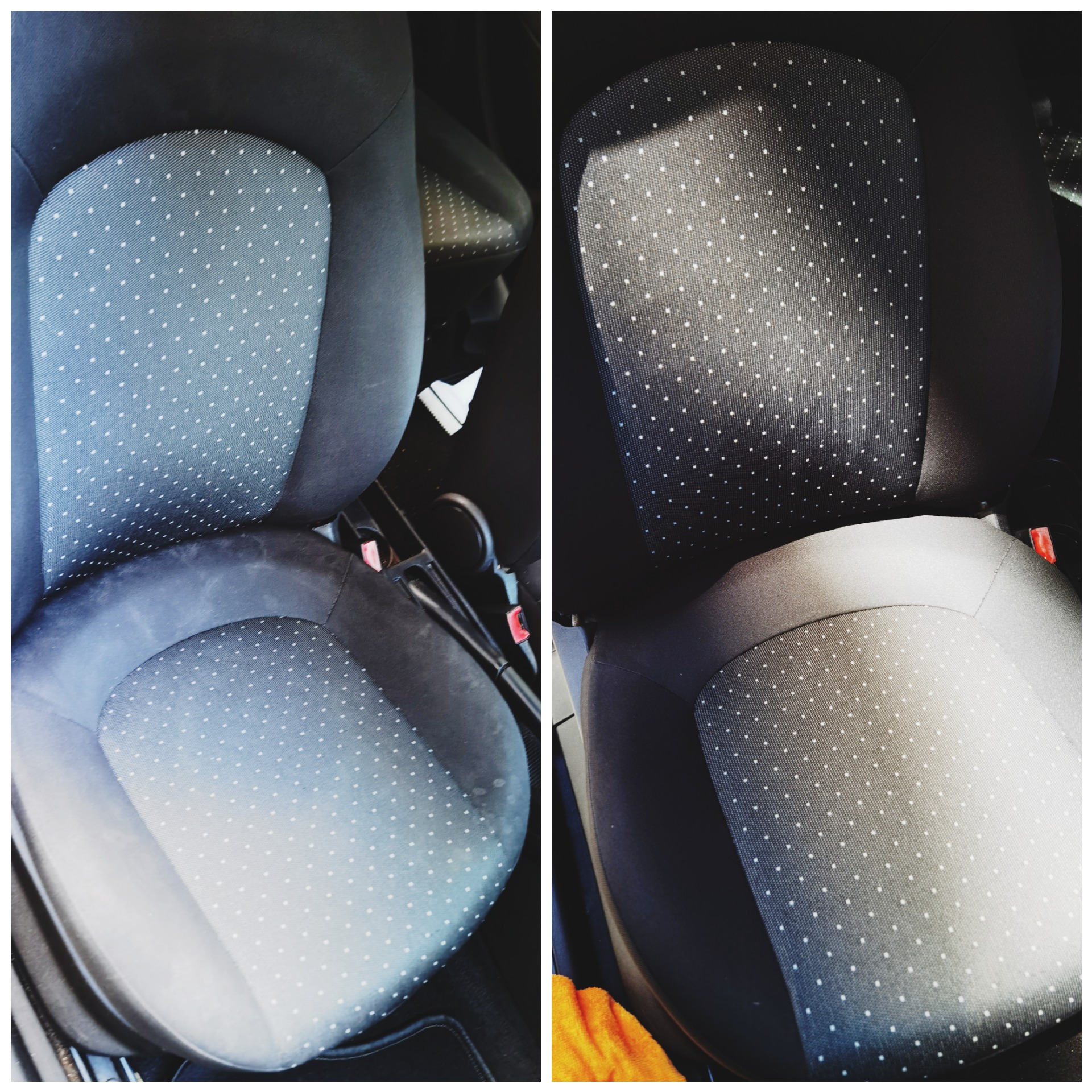 Porównanie fotela samochodowego przed i po czyszczeniu, widoczne różnice w kolorze i plamy usunięte z tapicerki w drobne kropki.
