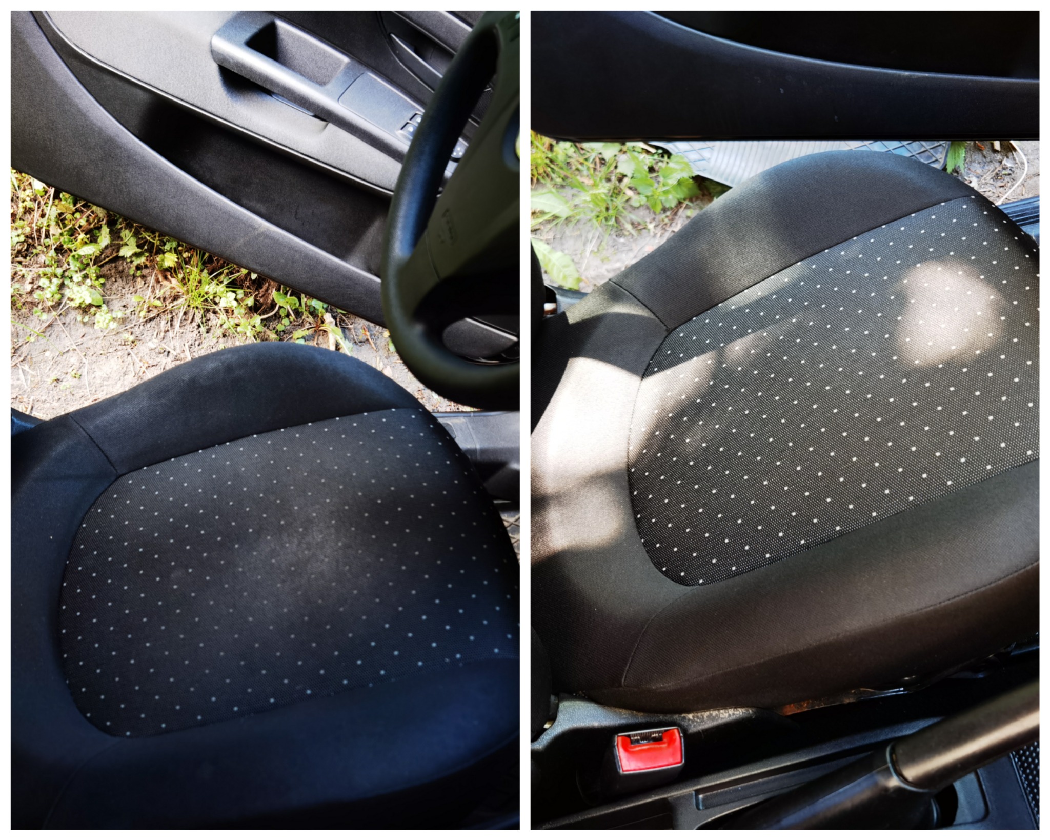 Dwa ujęcia czyszczonego fotela samochodowego z tapicerką w drobne kropki: po lewej stronie fotel przed czyszczeniem z widocznymi zabrudzeniami, po prawej fotel po czyszczeniu z odświeżoną tapicerką...