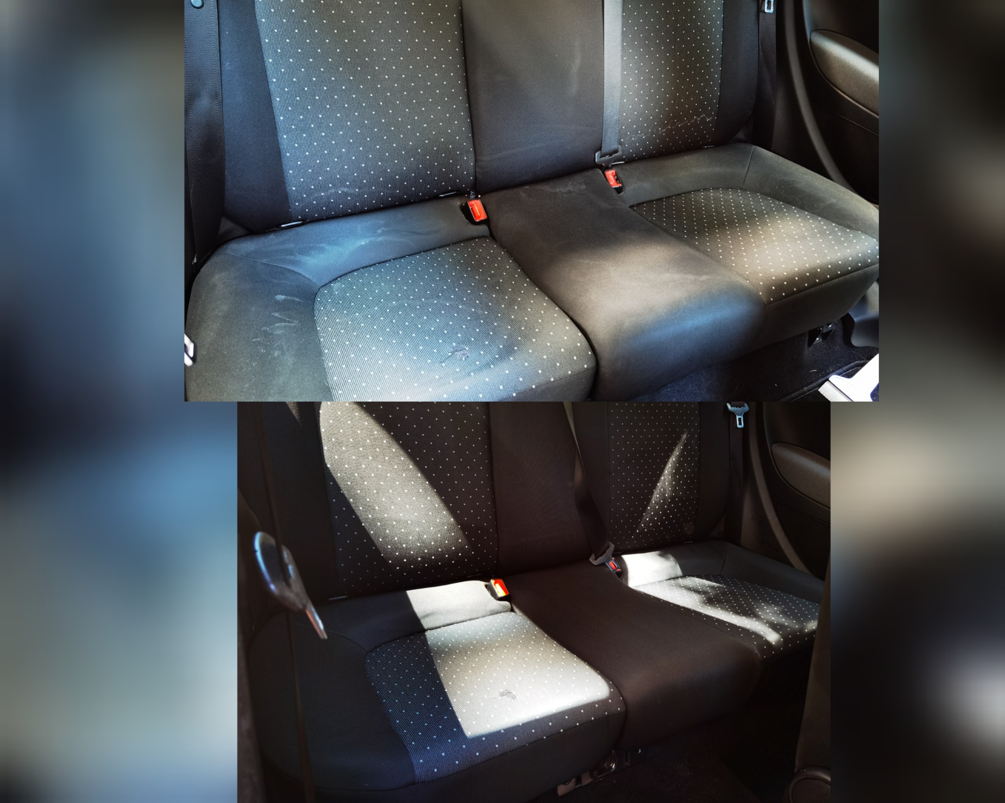 Tapicerka tylnych siedzeń samochodowych: porównanie stanu przed i po czyszczeniu, widoczne plamy i odświeżony wygląd materiału w górnej i dolnej części zdjęcia.