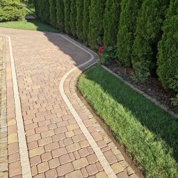 ZAREMBA MYCIE CIŚNIENIOWE Katarzyna Zaremba - Ułożona z kostki brukowej ścieżka ogrodowa w odcieniach brązu i beżu, oddzielona od trawnika pasem jasnych obrzeży, biegnąca wzdłuż gęstego szpaleru tuj.