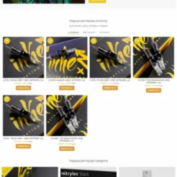 Strona internetowa sklepu z artykułami do tatuażu, prezentująca kartridże igłowe, rękawiczki nitrylowe i preparat do dezynfekcji.