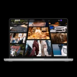 Laptop wyświetlający mozaikę zdjęć z portfolio agencji, w tym ujęcia kulinarne, modowe, motoryzacyjne i architektoniczne.