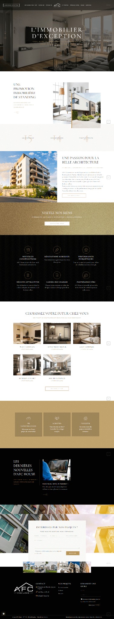 Zrzut ekranu strony internetowej firmy z branży nieruchomości, prezentujący luksusowe apartamenty i nowoczesne budynki mieszkalne, z elementami nawigacji i formularzem kontaktowym.