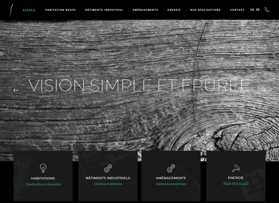 Strona internetowa z minimalistycznym designem, tekst na tle czarno-białej tekstury drewna, dolna część z podziałem na kategorie usług.