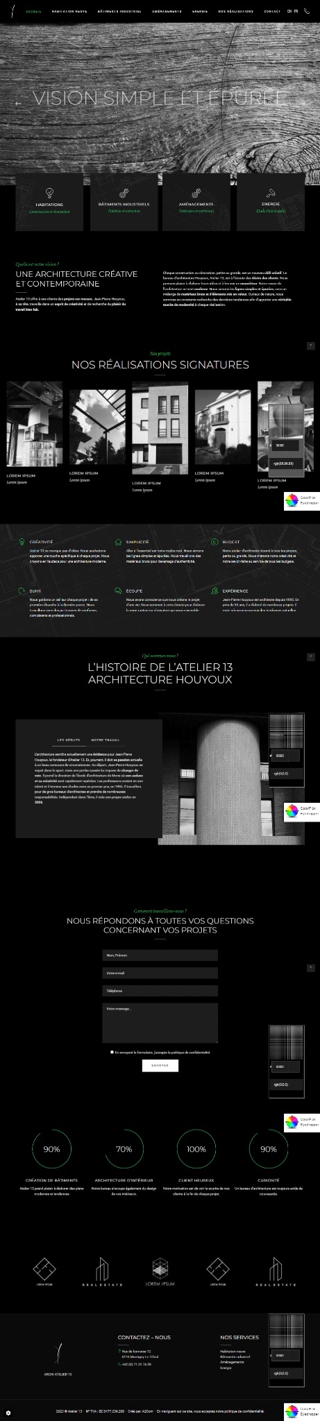 Strona internetowa architektonicznego atelier prezentująca minimalistyczny design z czarnym tłem, białym tekstem i zielonymi akcentami, zawierająca sekcje takie jak wizja firmy, realizacje...