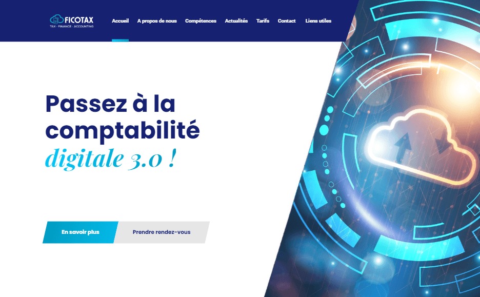 Strona internetowa firmy z hasłem 'Passez à la comptabilité digitale 3.0!' i graficznym symbolem chmury w nowoczesnej stylistyce.
