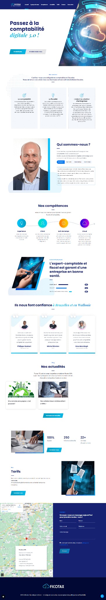 Fragment strony internetowej firmy oferującej usługi księgowe, z nagłówkiem 'Passez à la comptabilité digitale 3.0!' i sekcjami prezentującymi kompetencje, referencje klientów oraz aktualności.
