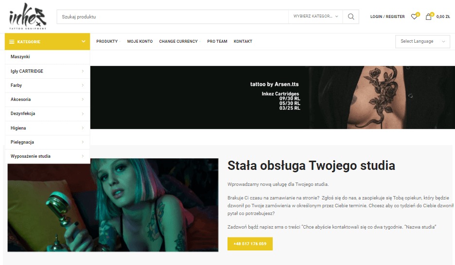Strona internetowa sklepu z wyposażeniem dla studiów tatuażu Inkez, prezentująca ofertę stałej obsługi klienta, z widoczną modelką z licznymi tatuażami i mikrofonem w stylu retro, dostępna...