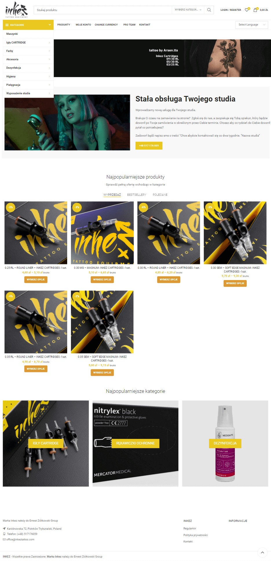 Strona internetowa sklepu z artykułami do tatuażu, prezentująca kartridże igłowe, rękawiczki nitrylowe i preparat do dezynfekcji.