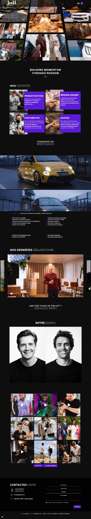 Fragment strony internetowej agencji interaktywnej prezentujący portfolio usług, w tym produkcję wideo, zarządzanie mediami społecznościowymi, fotografię i fotografię ślubną. Układ graficzny...