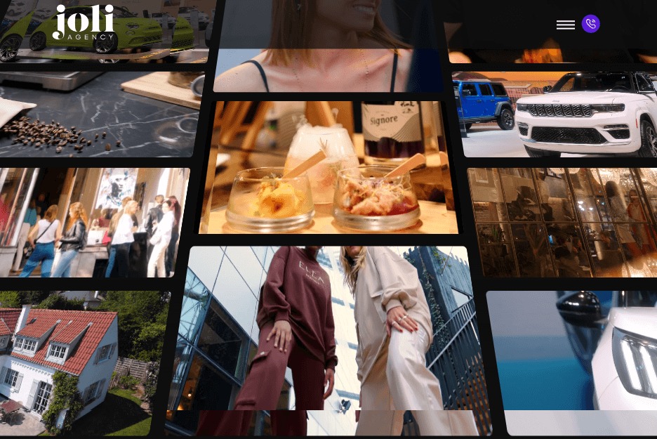 Mozaika zdjęć prezentująca różnorodne ujęcia: logo agencji, ziarna kawy, desery, samochody na wystawie, witryna sklepowa, dom z czerwonym dachem i modelki pozujące na tle nowoczesnego budynku.