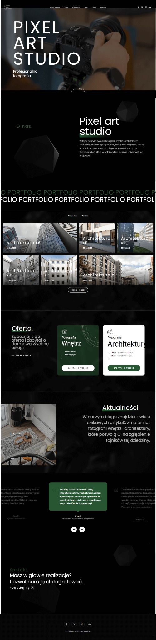 Strona internetowa studia fotograficznego Pixel Art Studio z portfolio fotografii architektury i wnętrz, oferta wyceny usług oraz sekcja aktualności bloga o fotografii.