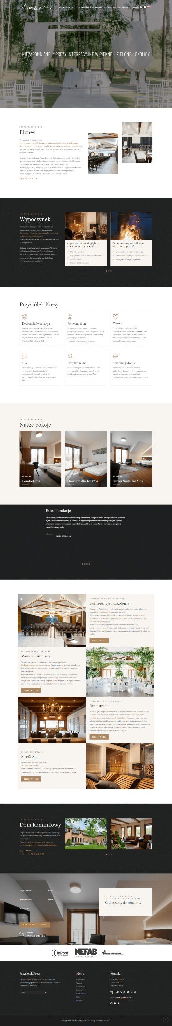Fragment strony internetowej z ofertą usług integracyjnych i wypoczynkowych, prezentujący sekcje takie jak biznes, wypoczynek, pokoje i restauracja.