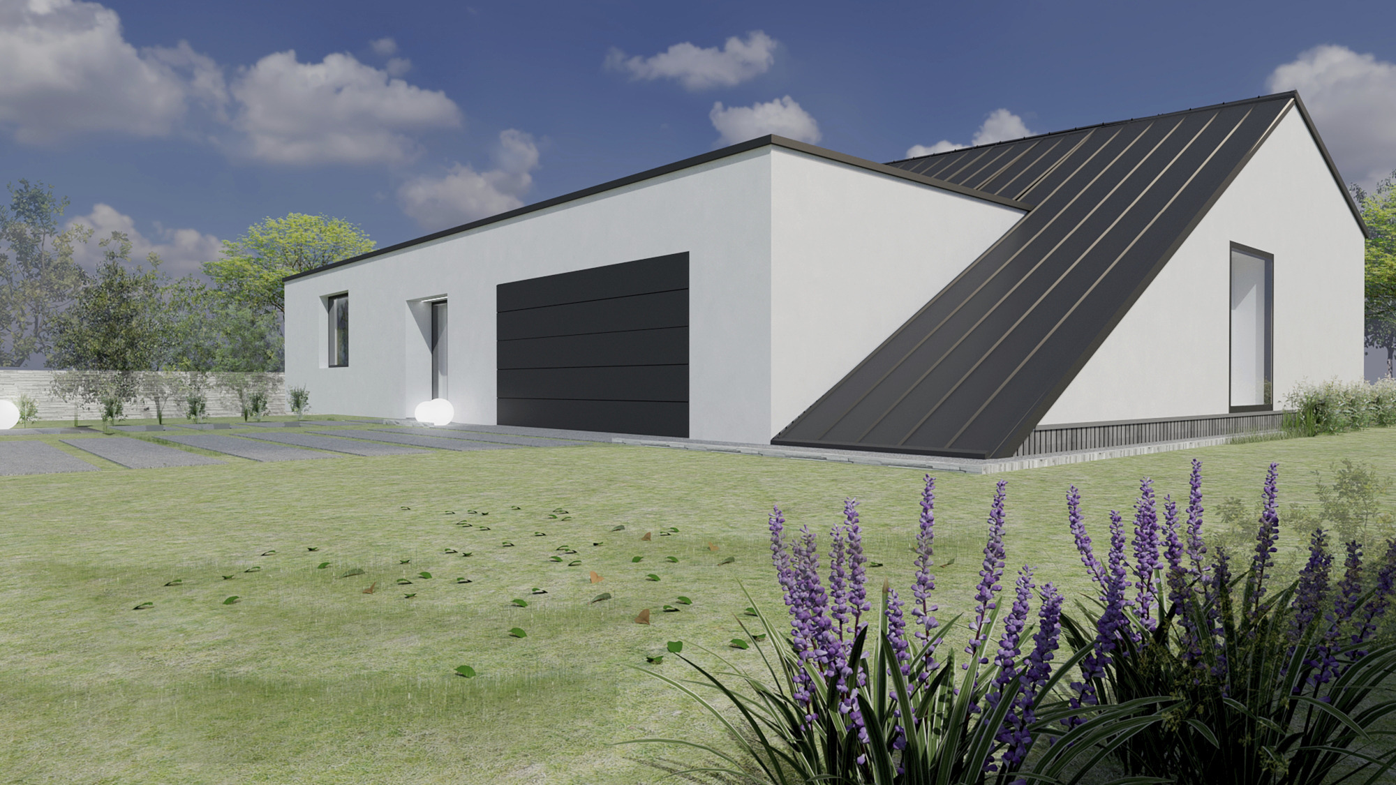 Wizualizacja nowoczesnego domu z płaskim dachem i elewacją w kolorze złamanej bieli, garaż z czarną bramą segmentową, trawnik z dekoracyjnymi lampami kulami i rabatą kwitnących lawendowych kwiatów...