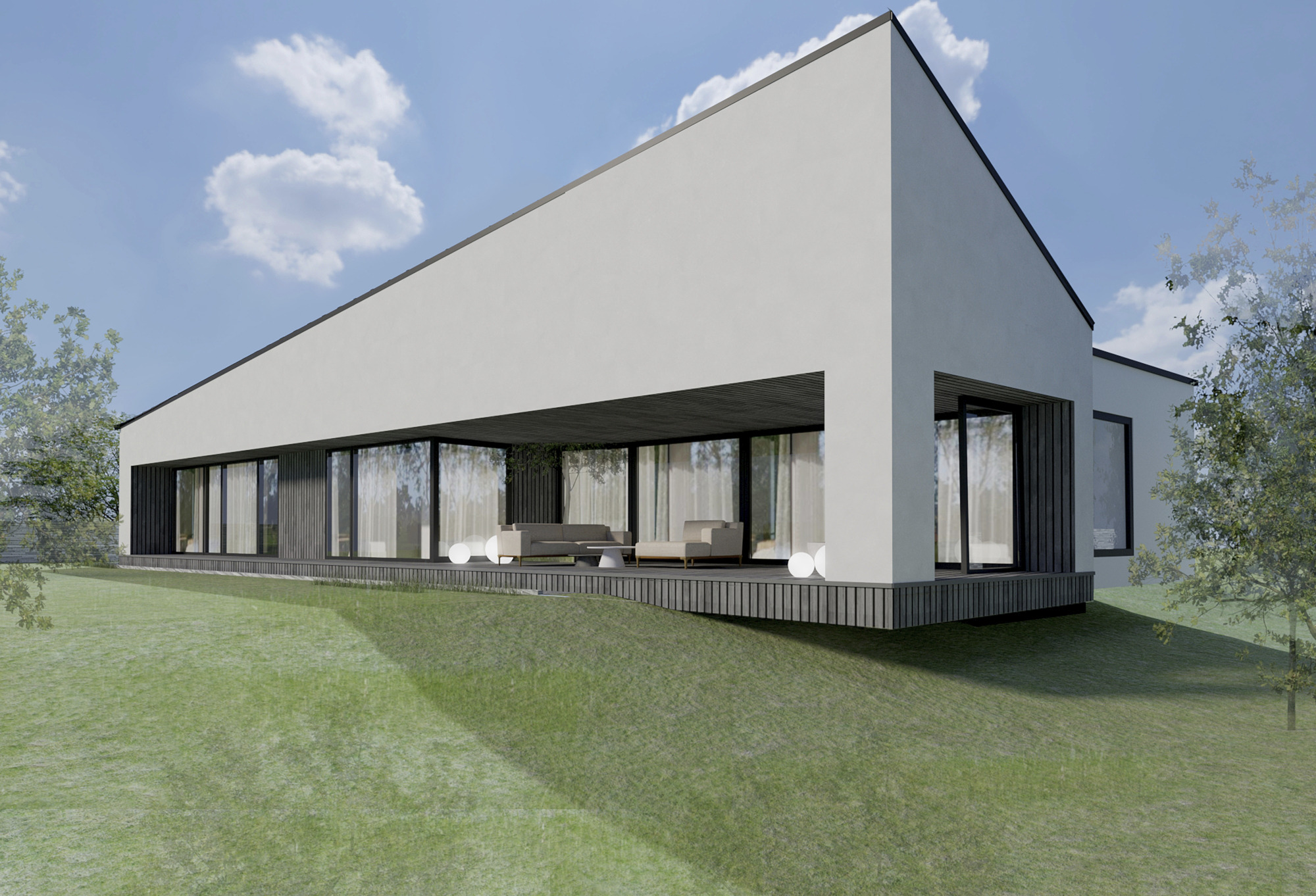 Nowoczesny dom z płaskim dachem i dużą przeszkloną werandą, widok z trawnika w słoneczny dzień.
