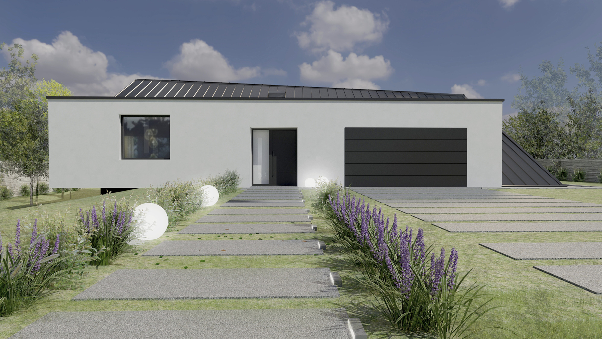 Nowoczesny dom jednorodzinny w Częstochowie z płaskim dachem i elewacją w kolorze złamanej bieli, czarny garaż i stolarka okienna, ścieżka z płyt betonowych, oświetlenie ogrodowe kuliste i rabaty...