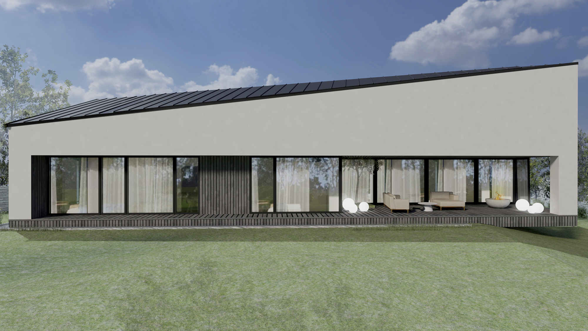 Nowoczesny dom jednorodzinny z płaskim dachem i dużymi oknami tarasowymi, elewacja w jasnym odcieniu szarości, taras wyłożony ciemnym drewnem, na tarasie meble ogrodowe i dekoracyjne kule świetlne.