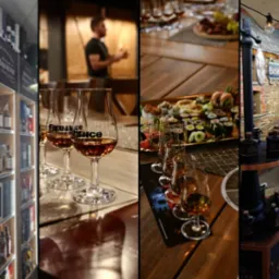 Kolaż zdjęć przedstawiający sklep z alkoholami, półki z whisky, degustację alkoholi w kieliszkach z logo Fire&Ice oraz ekspozycję zewnętrzną z beczką Bushmills.