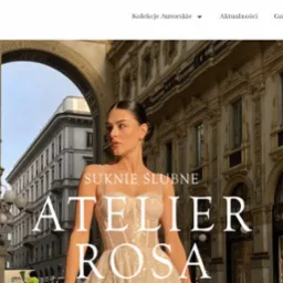 Strona internetowa Atelier Rosa z modelką w sukni ślubnej na tle Galleria Vittorio Emanuele II w Mediolanie.