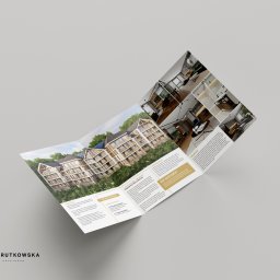 BR Studio Graficzne Barbara Rutkowska - Rozłożona broszura reklamowa z wizualizacjami apartamentów i budynku, prezentująca ofertę inwestycyjną i aranżacje wnętrz, na neutralnym szarym tle.