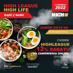 BR Studio Graficzne Barbara Rutkowska - Promocyjny baner diety pudełkowej 'High League' z trzema miskami różnych dań: makaron z mięsem, sałatka z jajkiem i kaszą, owsianka z owocami, oraz dodatkami jak przyprawy, pestki dyni i jajka...