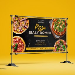 BR Studio Graficzne Barbara Rutkowska - Stojak reklamowy z banerem prezentującym menu pizzy z restauracji Biały Domek, na żółtym tle.