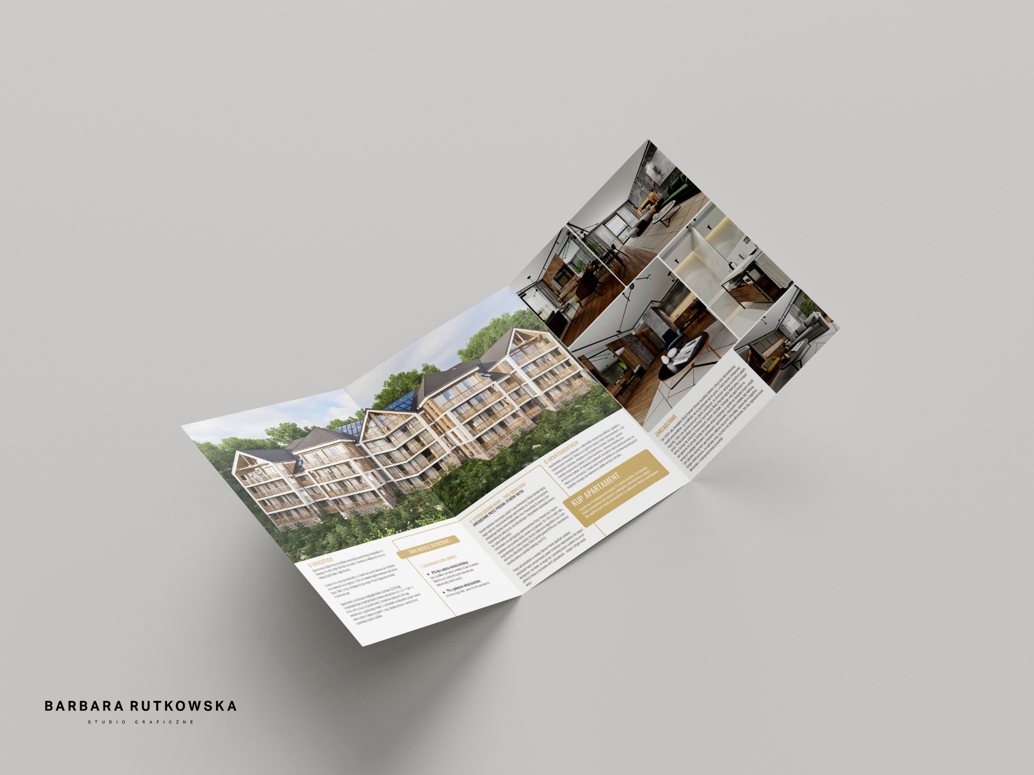 Rozłożona broszura reklamowa z wizualizacjami apartamentów i budynku, prezentująca ofertę inwestycyjną i aranżacje wnętrz, na neutralnym szarym tle.