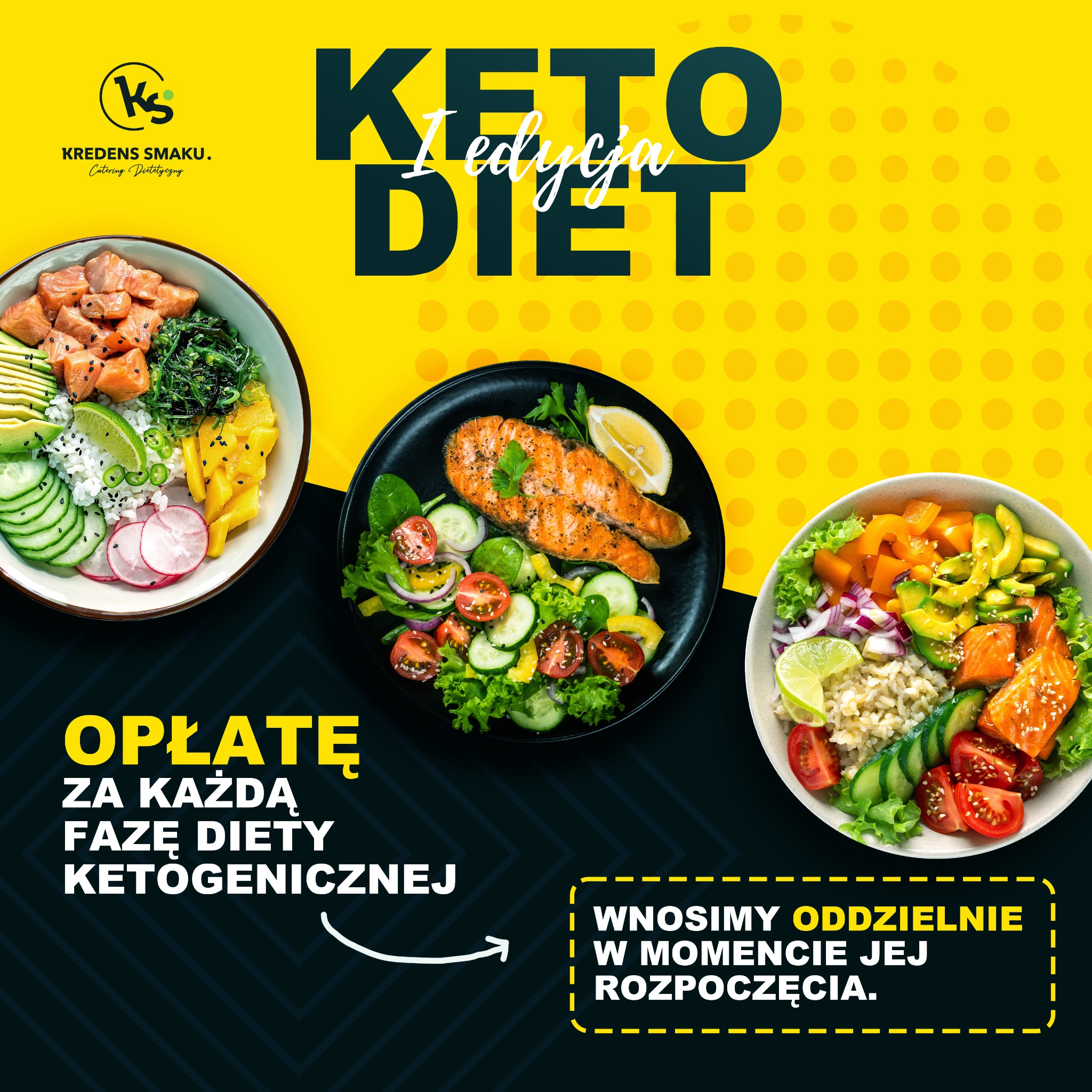 Żółto-czarna grafika reklamowa diety keto z trzema miskami: poke bowl z łososiem, grillowany łosoś z warzywami i miska z ryżem, awokado i łososiem.