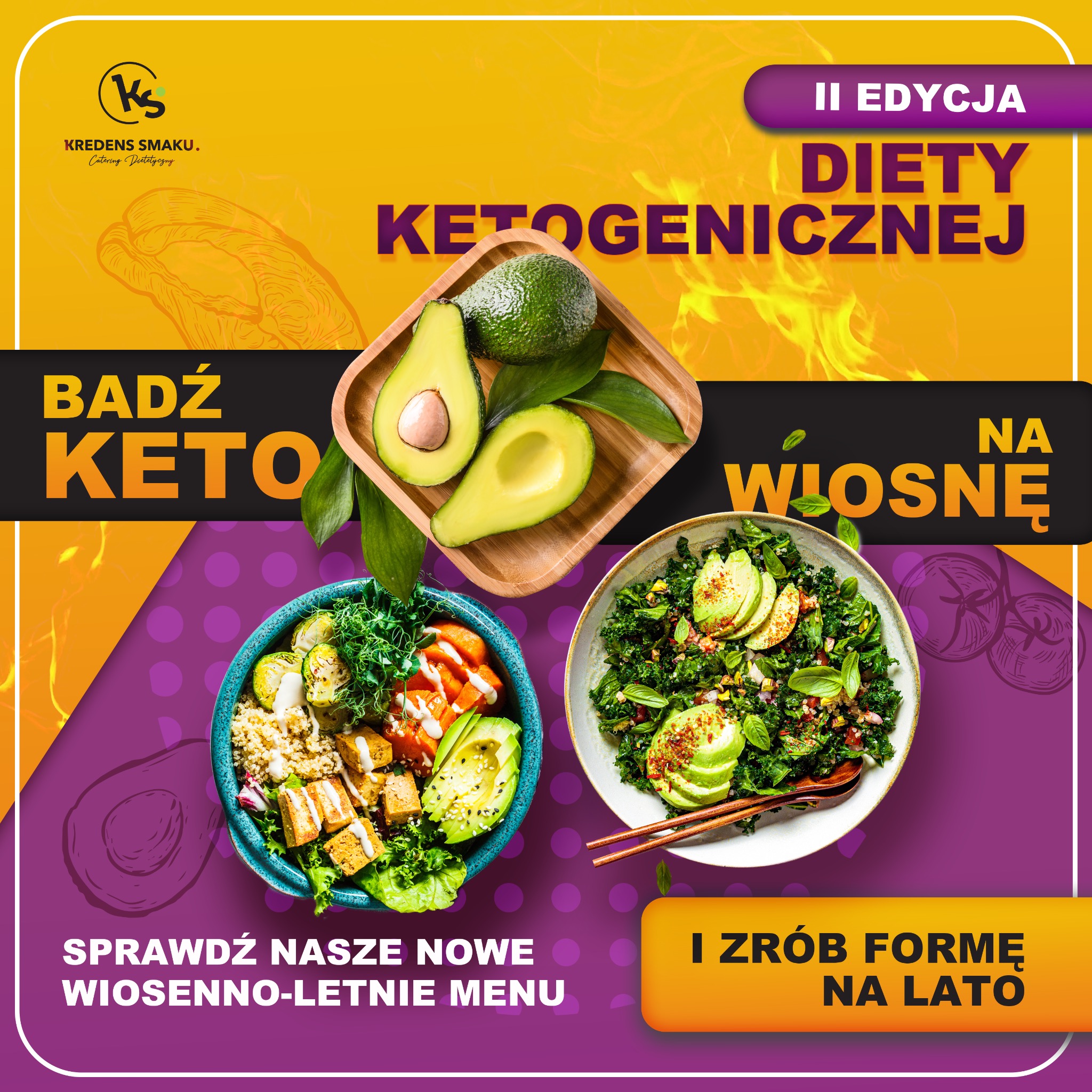 Grafika reklamowa diety ketogenicznej: awokado, sałatki z warzywami i tofu, wiosenno-letnie menu.