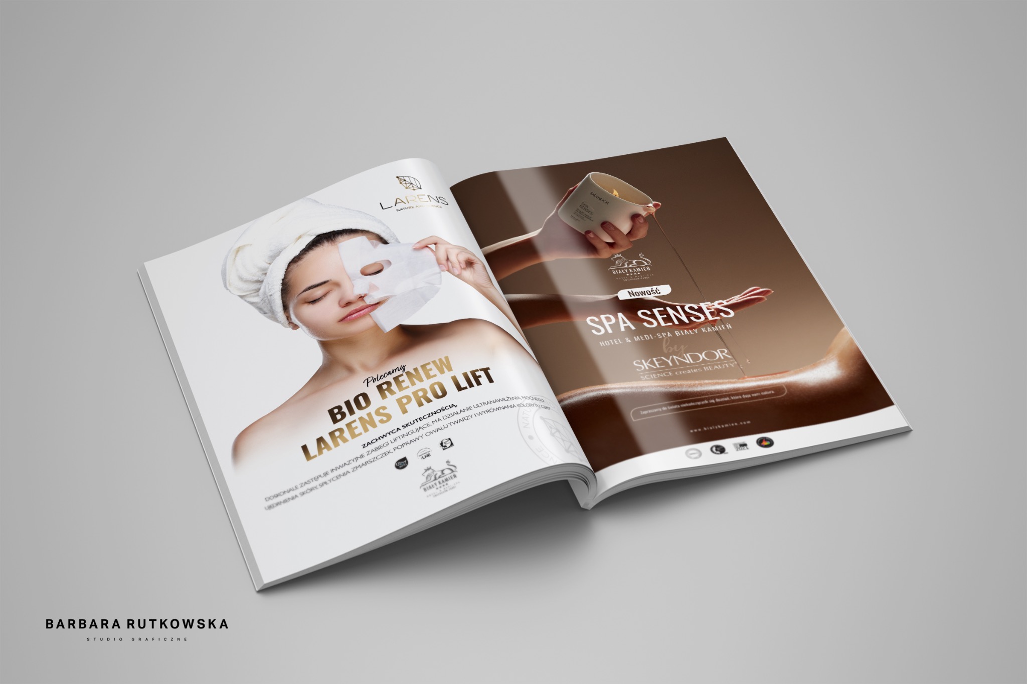 Otwarty katalog reklamowy z dwoma stronami: po lewej stronie kobieta z maską na twarzy, po prawej świeca i tekst o SPA Senses