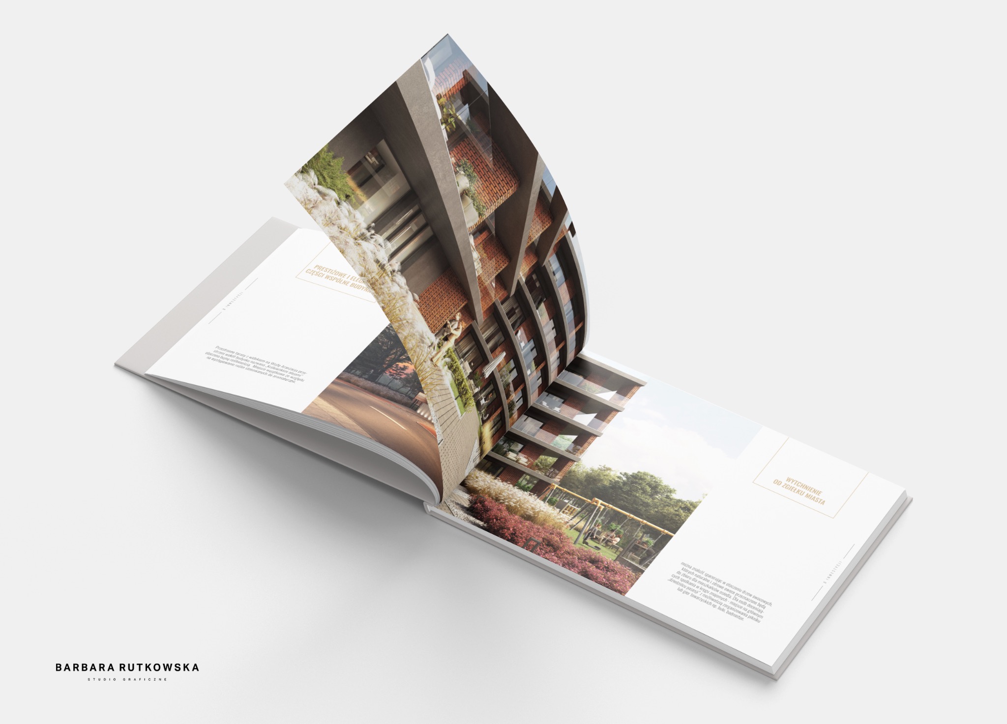 Otwarty katalog prezentujący nowoczesny budynek mieszkalny z balkonami i zielenią, widoczny na dwóch stronach z różnej perspektywy, na białym tle.