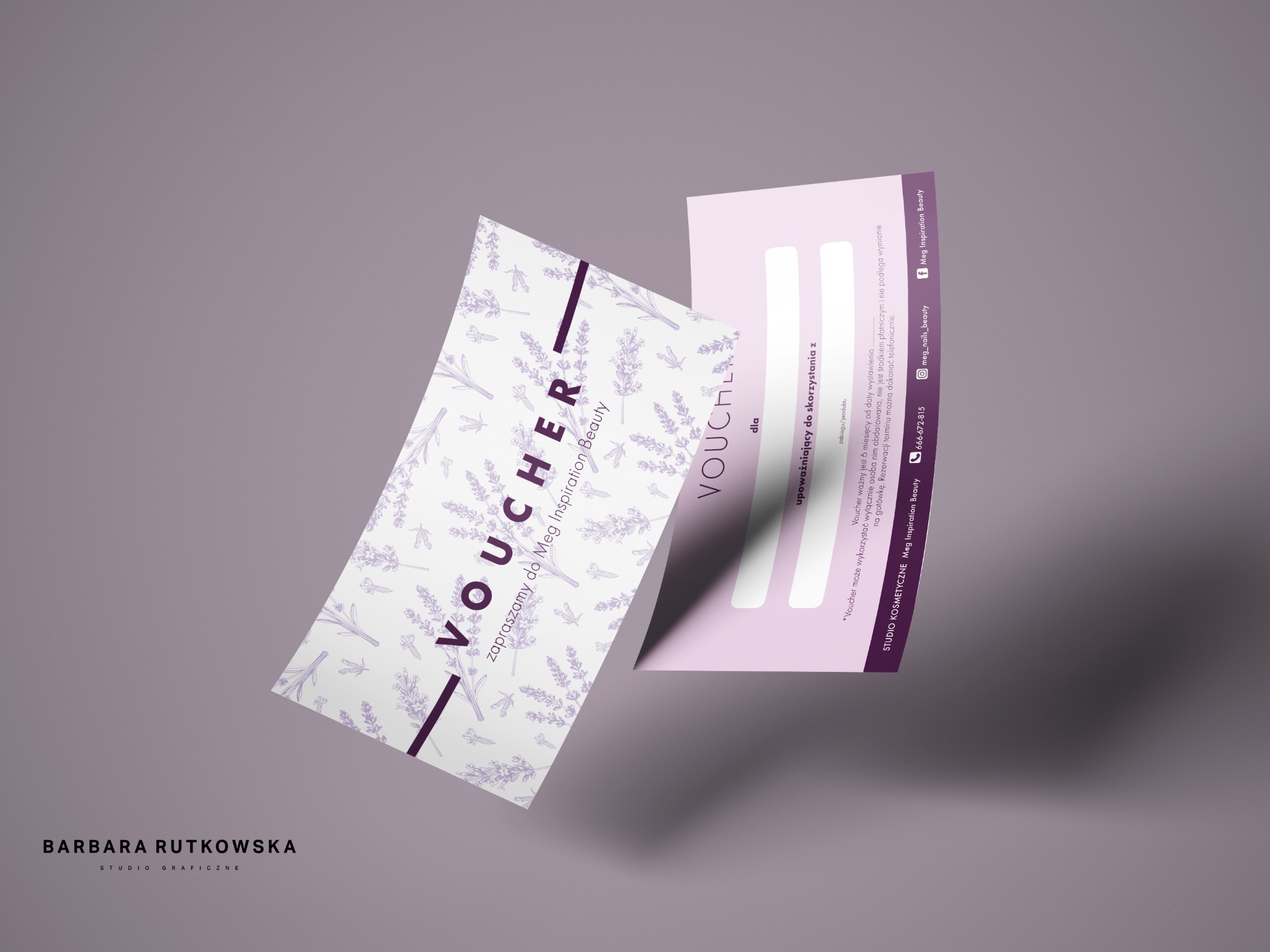 Dwa vouchery na szarym tle, jeden z motywem lawendy, drugi z miejscem na dane, dla studia kosmetycznego Meg Inspiration Beauty.