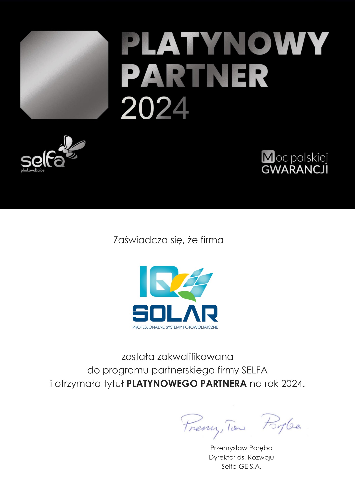 Certyfikat Platynowego Partnera 2024 dla firmy SELFA Photovoltaics, potwierdzający zakwalifikowanie do programu partnerskiego.