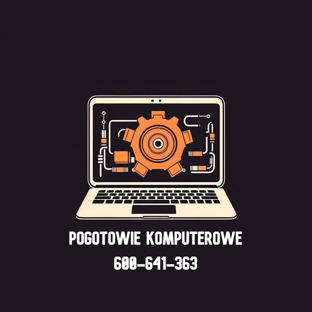 Grafika wektorowa przedstawiająca otwarty laptop z pomarańczowym kołem zębatym na ekranie, poniżej napis 'POGOTOWIE KOMPUTEROWE' i numer telefonu na czarnym tle.