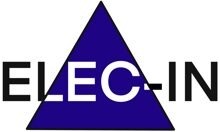 Logo firmy ELEC-IN z niebieskim trójkątem w tle, czarny napis, wyraźne kontrasty.