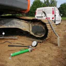 Badanie gruntu przy użyciu prasy statycznej w pobliżu koparki i samochodu laboratorium budowlanego. Widoczne manometry i siłowniki hydrauliczne.