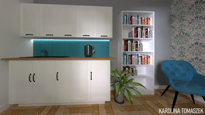 Wizualizacja małej kuchni z białymi szafkami, turkusowym panelem nad blatem, czarnym czajnikiem, regałem z książkami, rośliną doniczkową i turkusowym fotelem na tle ściany w kwiaty.
