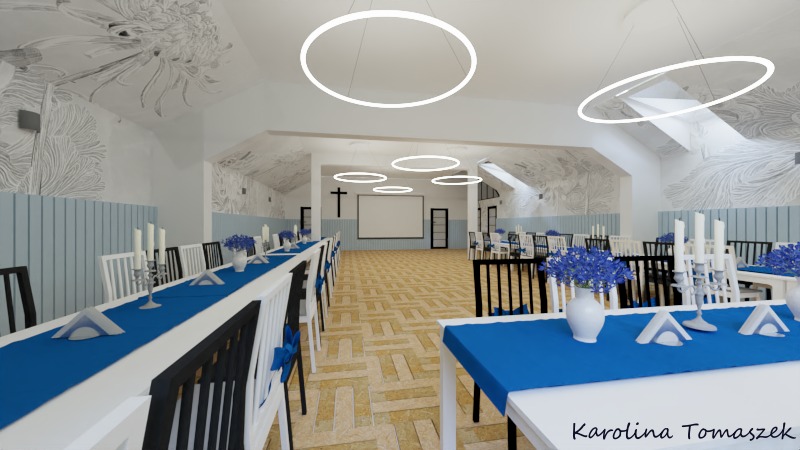 Wizualizacja sali bankietowej z długimi stołami udekorowanymi niebieskimi obrusami, kwiatami i świecznikami, oświetlonej okrągłymi lampami wiszącymi i ozdobionej muralami na ścianach i suficie.