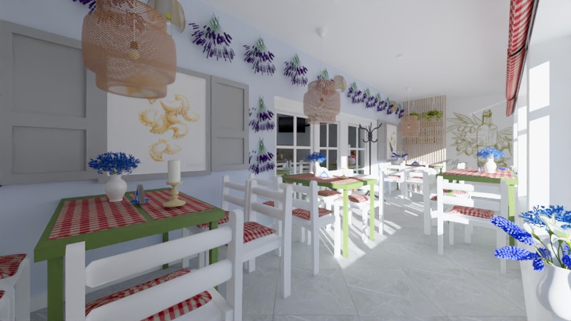 Wnętrze restauracji w stylu śródziemnomorskim z białymi krzesłami, zielonymi stołami z czerwoną kratą, dekoracjami z lawendy na ścianach i lampami z wikliny.