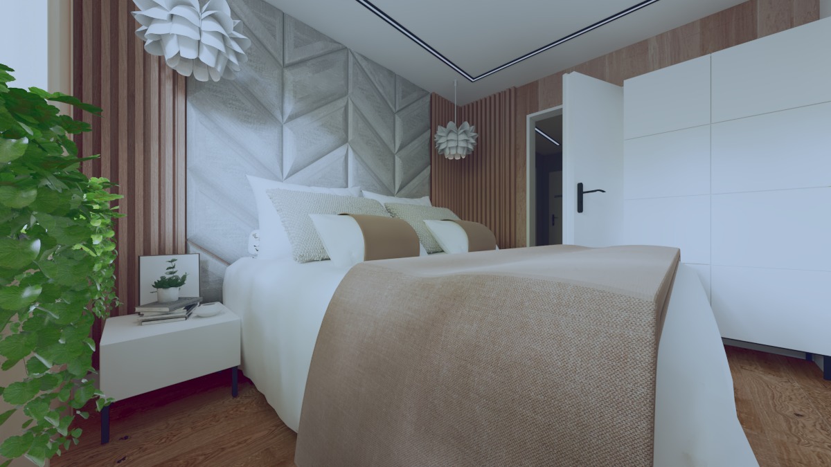 Nowoczesna sypialnia z łóżkiem z beżową narzutą, geometryczną ścianą i lampą w kształcie kwiatu, widok z niskiego kąta.