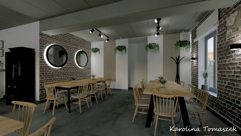Wizualizacja przestronnej jadalni w stylu loftowym z drewnianymi stołami, krzesłami i ceglanymi ścianami, oświetlona reflektorami i lampami ściennymi, z dekoracyjnymi okrągłymi lustrami...