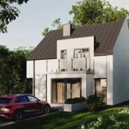 Wizualizacja nowoczesnego, dwupiętrowego domu z płaskim dachem i balkonem z przeszkloną balustradą, obok czerwonego samochodu na tle zieleni.