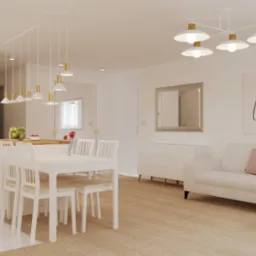 Jasne, przestronne wnętrze mieszkania z otwartą kuchnią, białym stołem jadalnym i sofą z abstrakcyjnym obrazem na ścianie, oświetlone wiszącymi lampami z elementami złota.