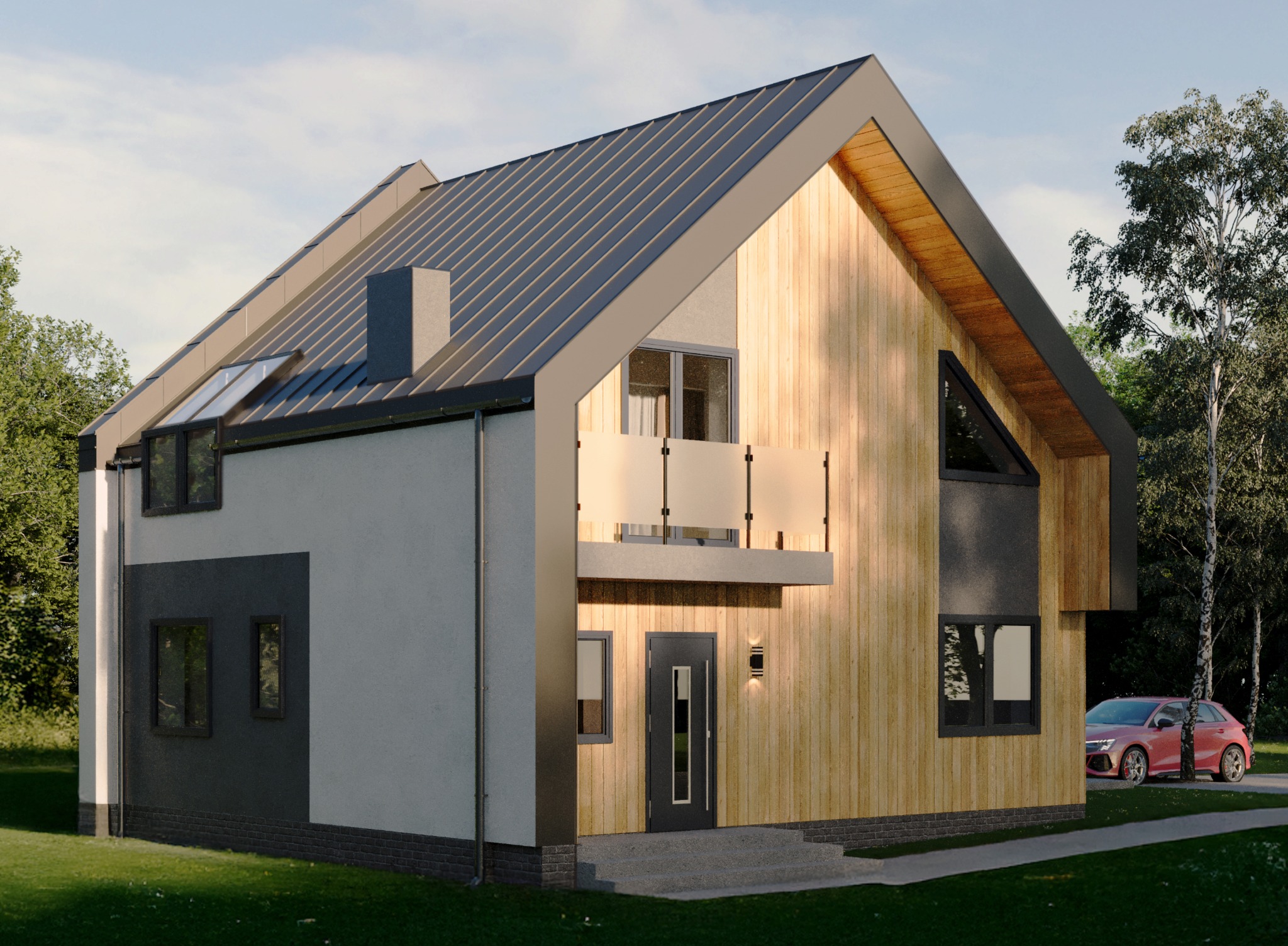 Wizualizacja dwukondygnacyjnego domu jednorodzinnego z drewnianą elewacją, balkonem z szklaną balustradą i grafitowym dachem dwuspadowym, na tle zieleni i czerwonego samochodu.