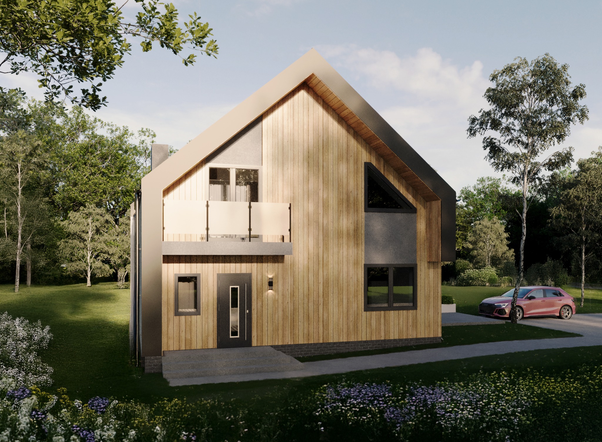 Wizualizacja nowoczesnego domu jednorodzinnego z drewnianą elewacją, balkonem z balustradą i asymetrycznym oknem, otoczonego zielenią i z zaparkowanym czerwonym samochodem na podjeździe.