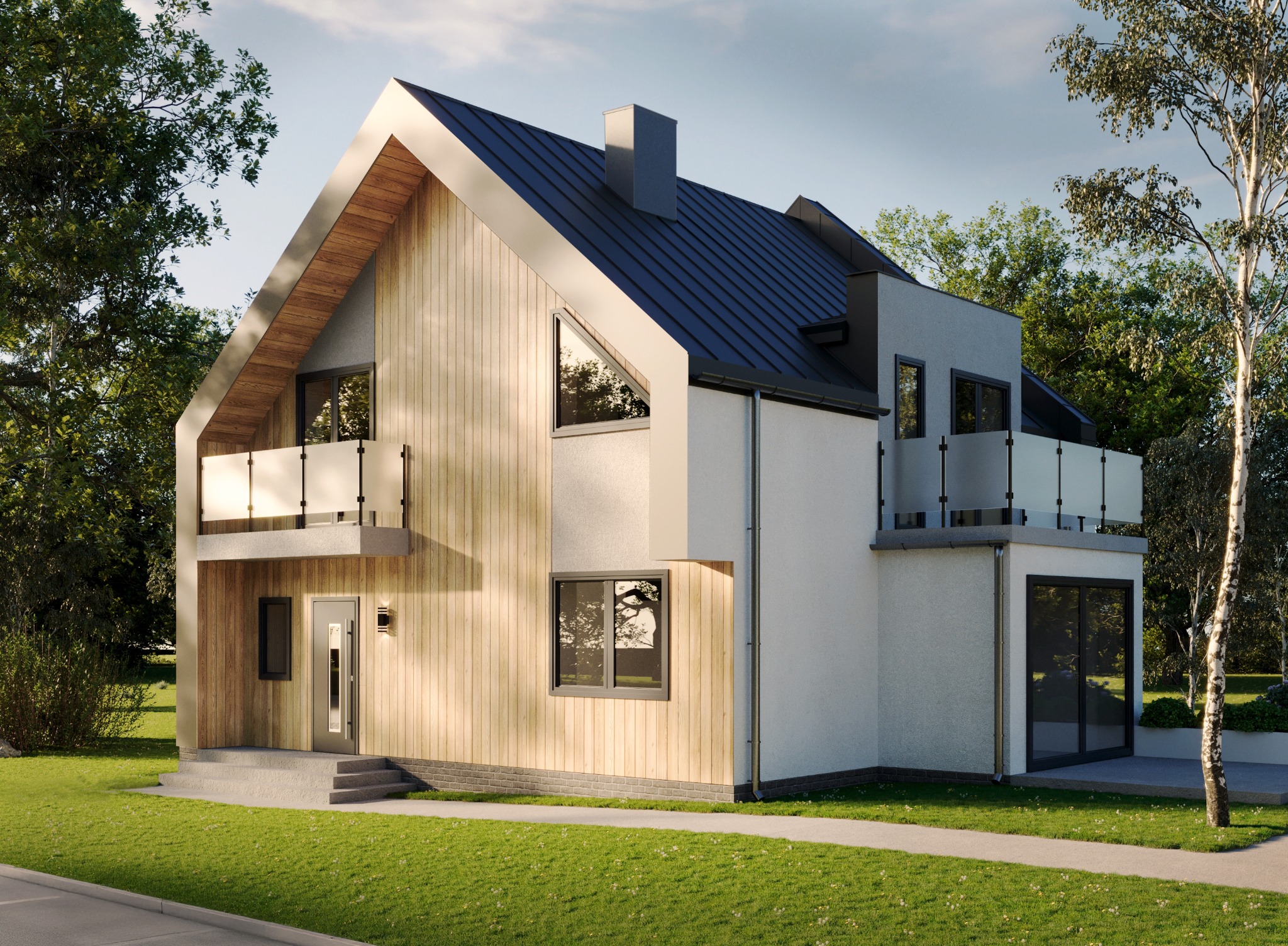 Wizualizacja nowoczesnego domu jednorodzinnego z elementami drewna na elewacji, ciemnym dachem i balkonami z szklanymi balustradami, otoczonego zielenią.