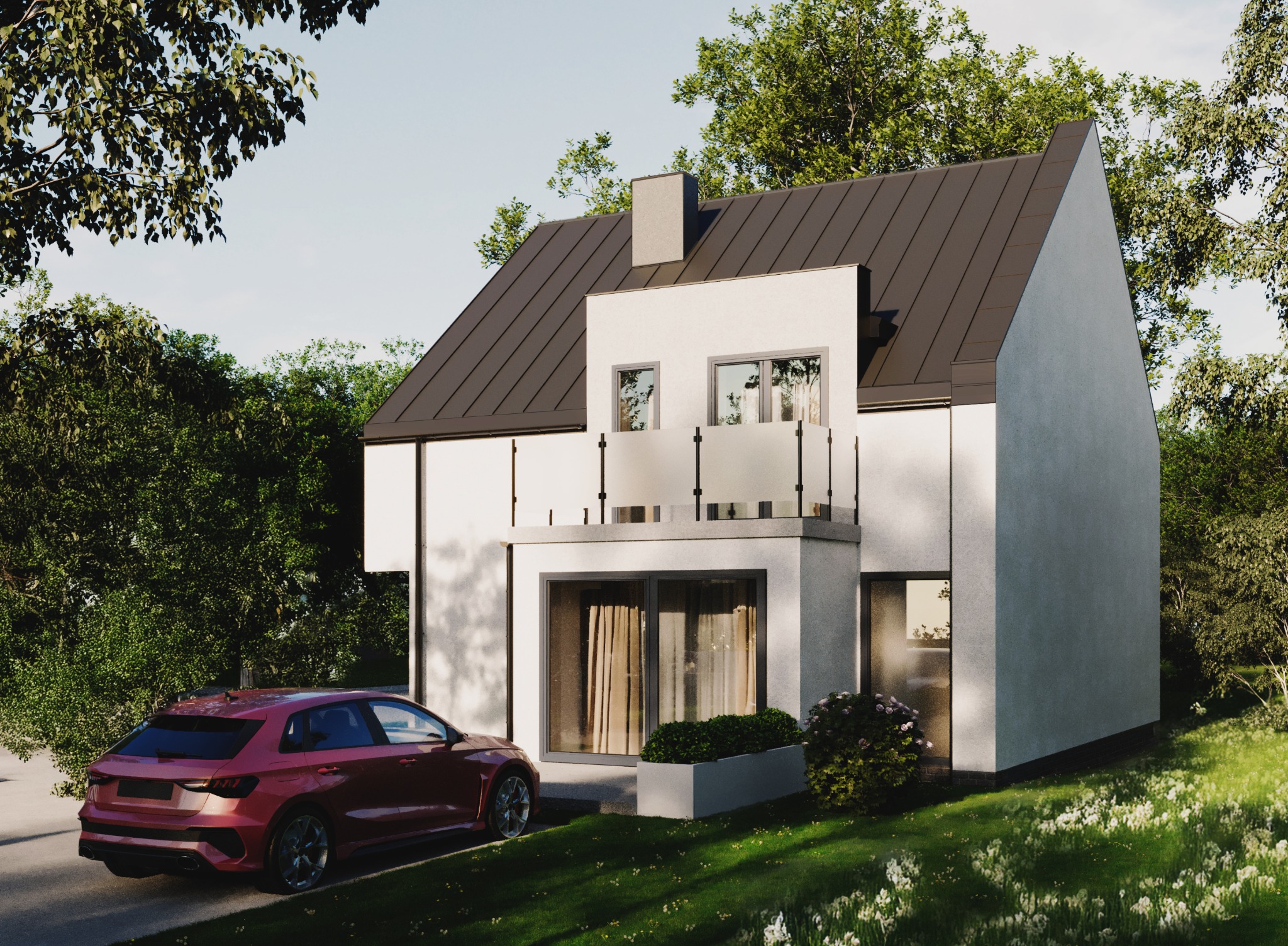 Wizualizacja nowoczesnego, dwupiętrowego domu z płaskim dachem i balkonem z przeszkloną balustradą, obok czerwonego samochodu na tle zieleni.