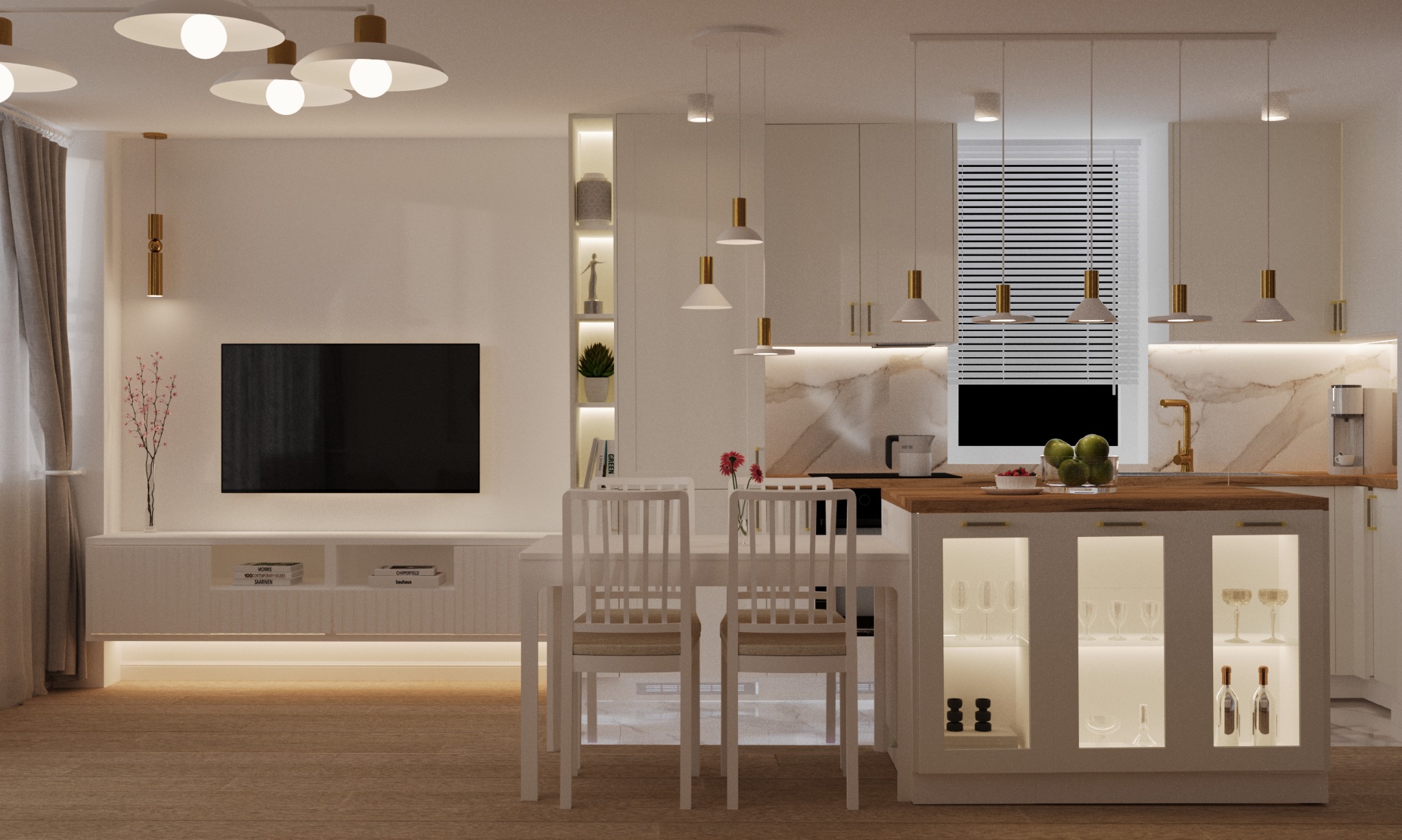 Wizualizacja nowoczesnego wnętrza: salon z aneksem kuchennym, białe meble, drewniany blat, oświetlenie punktowe, minimalistyczny design, dekoracje w postaci kwiatów i owoców, blenda okienna.