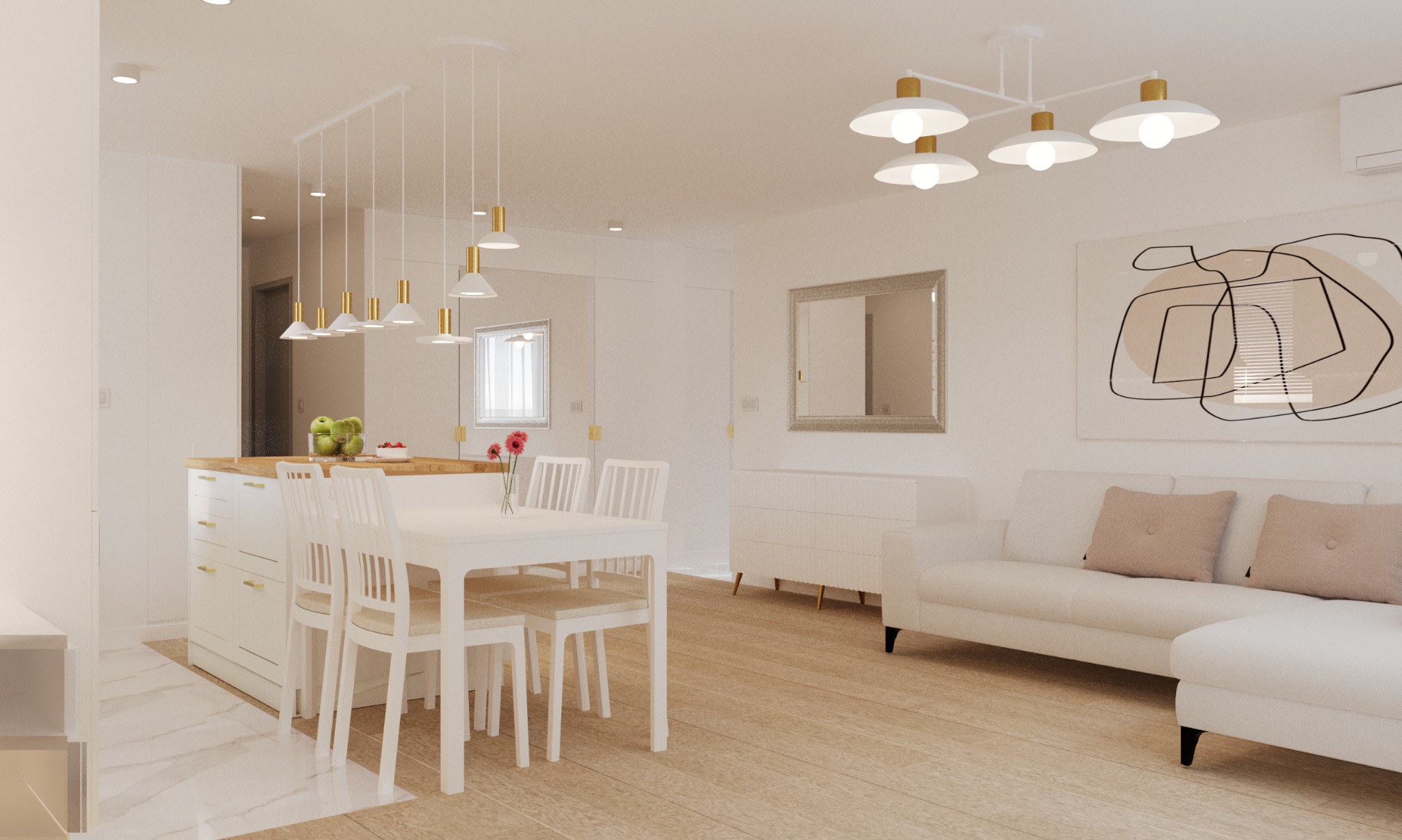 Jasne, przestronne wnętrze mieszkania z otwartą kuchnią, białym stołem jadalnym i sofą z abstrakcyjnym obrazem na ścianie, oświetlone wiszącymi lampami z elementami złota.