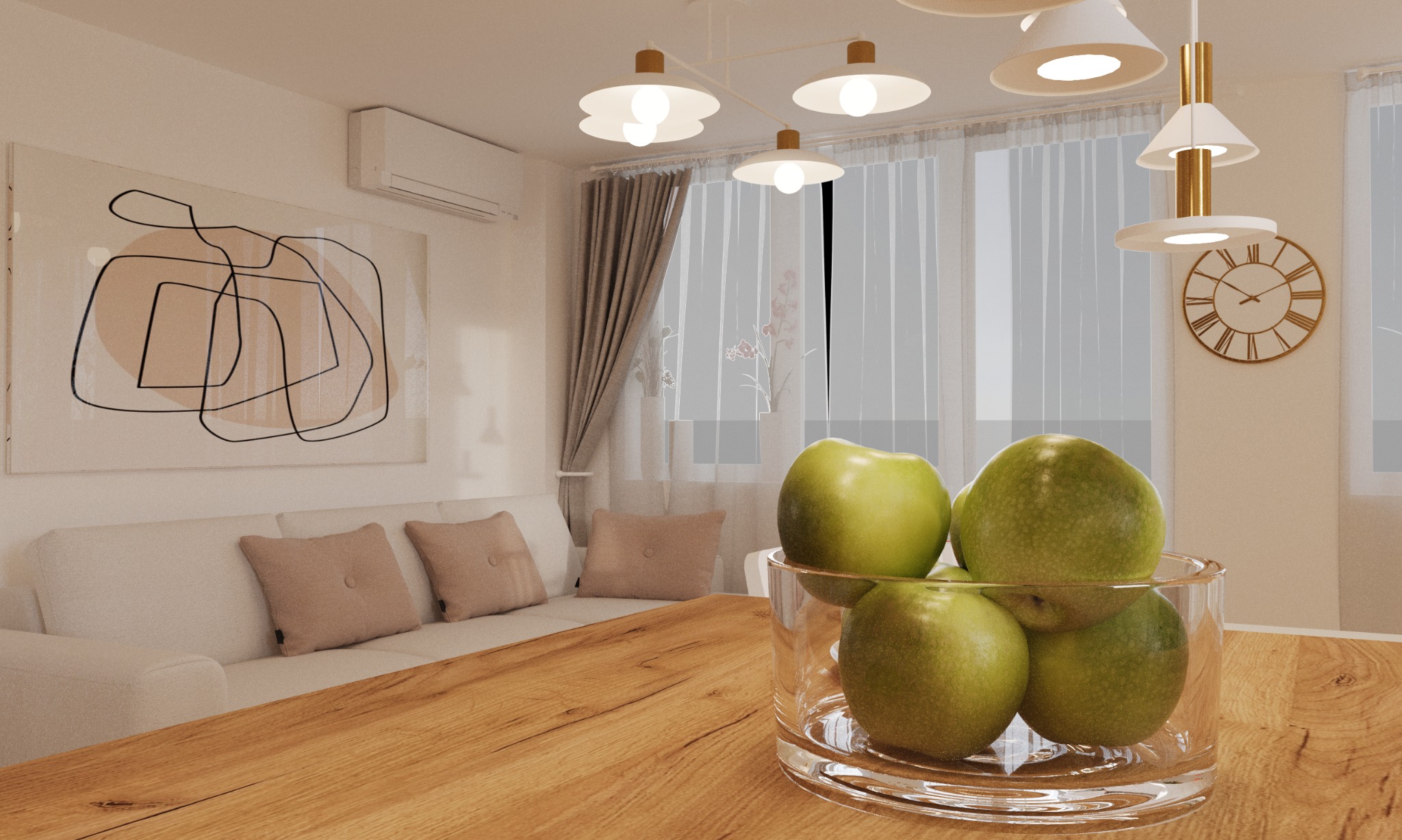 Wizualizacja wnętrza salonu z drewnianym stołem, szarą sofą z poduszkami, abstrakcyjnym obrazem na ścianie, zegarem oraz lampą sufitową z kilkoma punktami świetlnymi, a na stole szklana misa...
